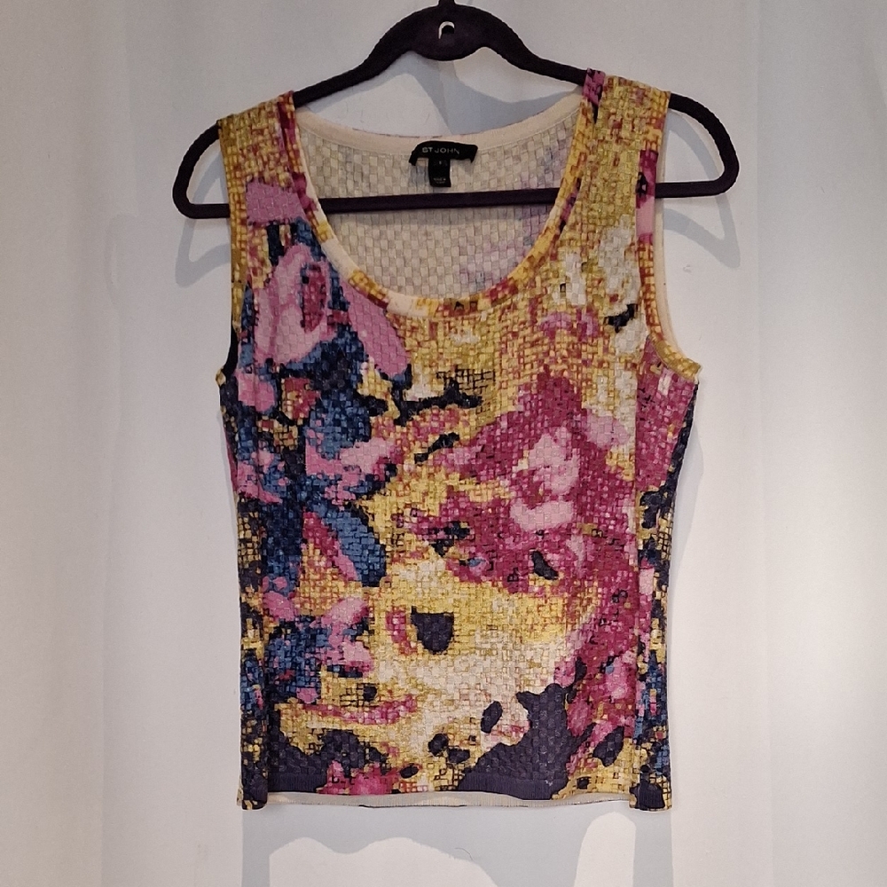 St. John Multicolor Floral Metalic Thread Wool Blend Knit Tank Top Size S